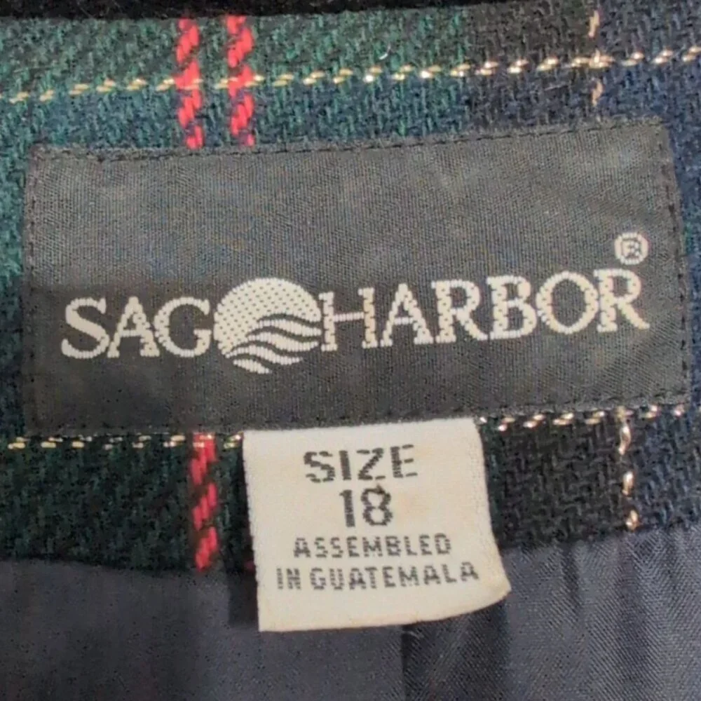 Vintage Sag Harbor Plaid Metallic Blazer Womens Size 18 Green Wool Blend Jacket